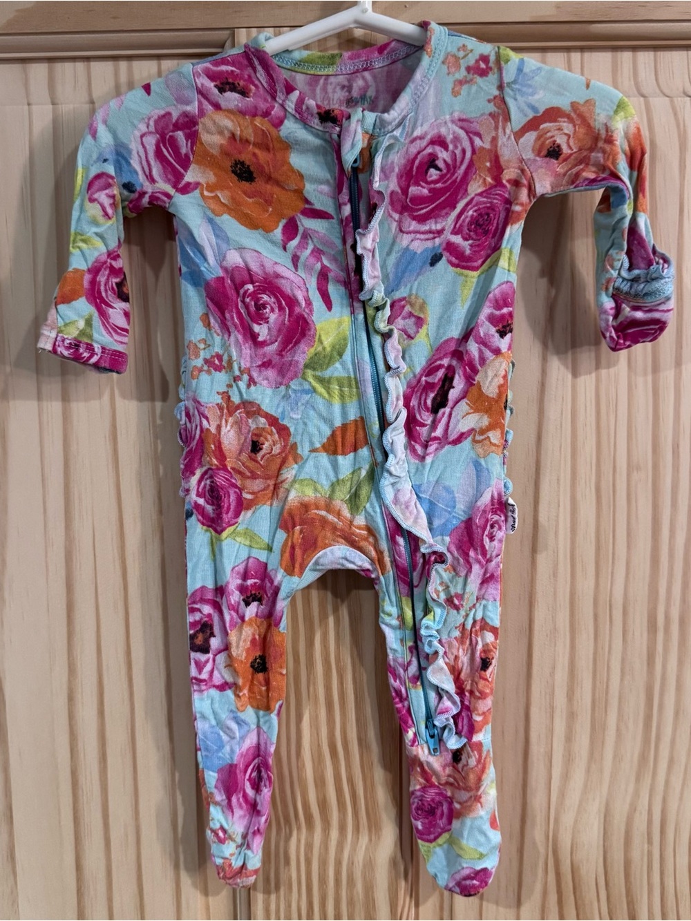 Gigi and Max Floral Bamboo Viscose Ruffle Footie Sleeper NB Light Blue Pink